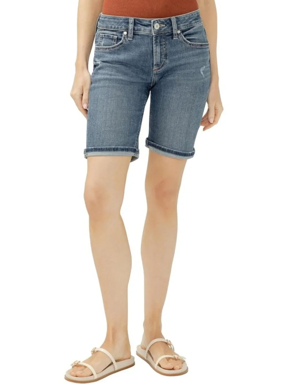 Curvy Fit Mid Rise Silver Denim Bermuda Shorts for Women - Stylish & Comfortable